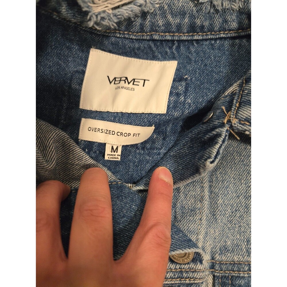 Vervet Los Angeles Women's M Oversized Crop Colorblock Denim Jacket Frayed Hem - Picture 3 of 6